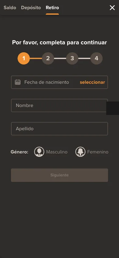 Pestaña Retiro de la caja de Sol Casino exigiendo completar el perfil en 4 pasos antes de continuar